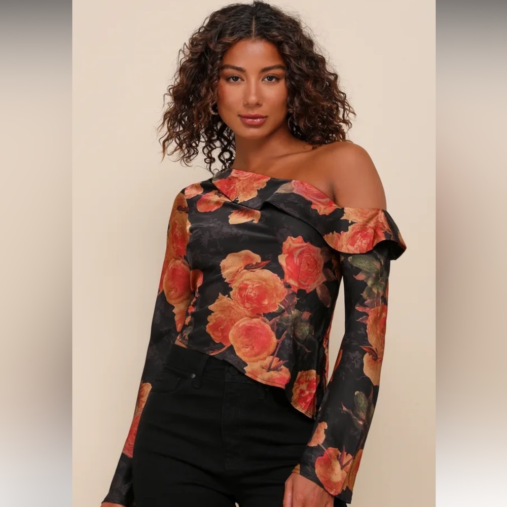 Black Floral off the shoulder satin top